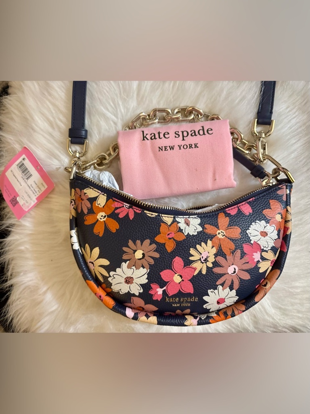 Kate Spade- Navy Floral Leather Shoulder Bag with Gold Chain